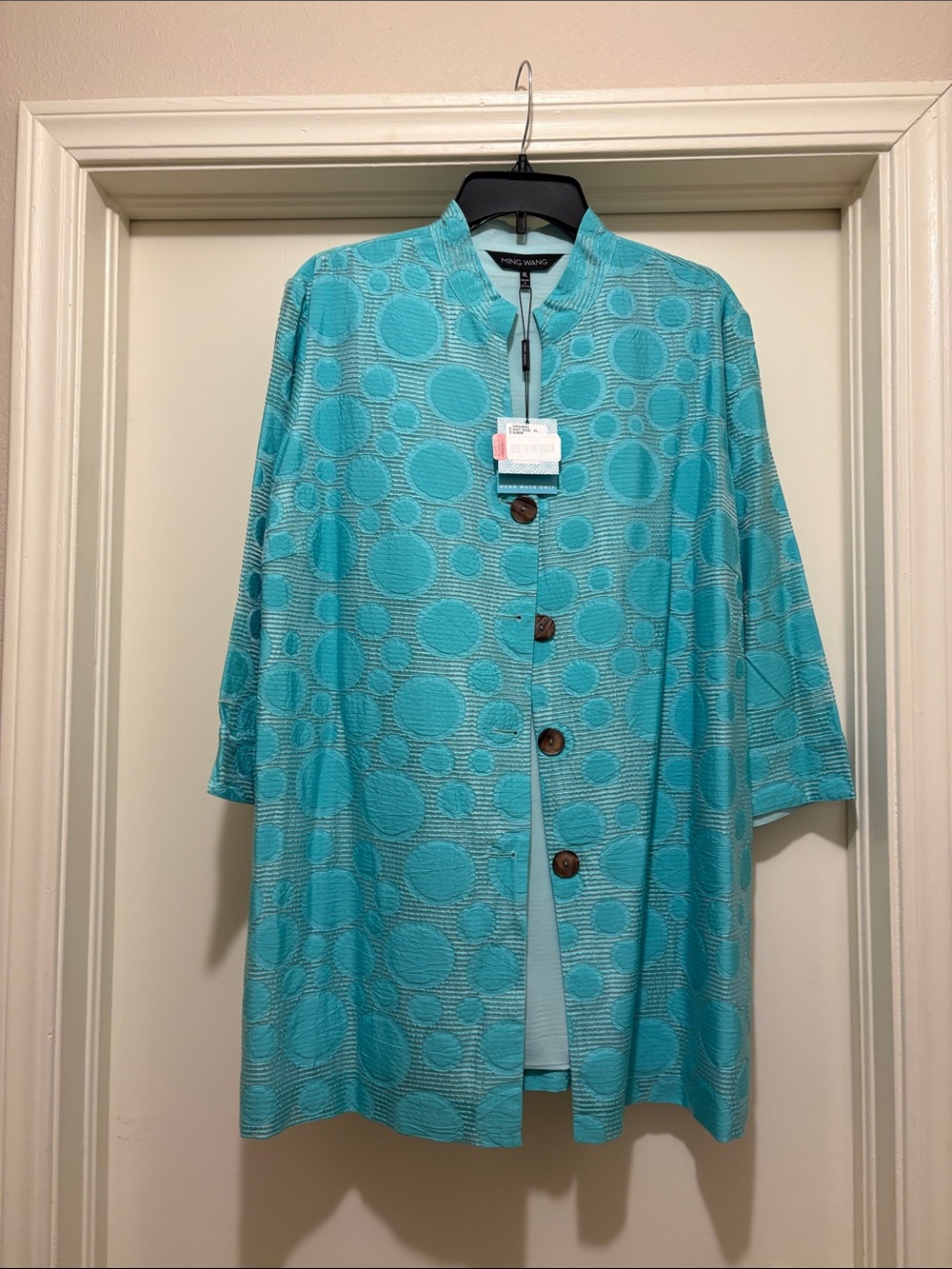 Ming Wang Turquoise Circle Jacquard Three-Quarter Sleeve Jacket